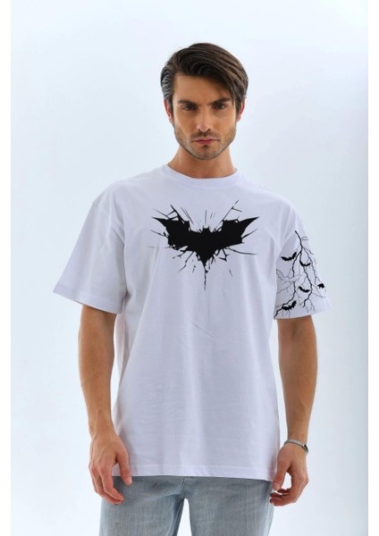 Unisex Ön ve Kol Baskılı Oversize T-Shirt - Beyaz