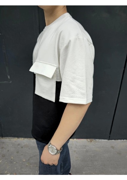 Unisex Torba Cep Detaylı Parçalı T-Shirt - Siyah modelleri