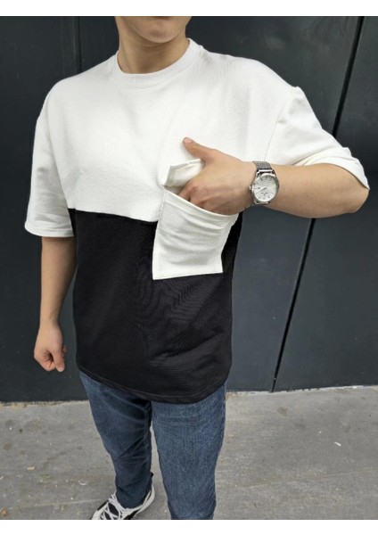 Unisex Torba Cep Detaylı Parçalı T-Shirt - Siyah indirimleri