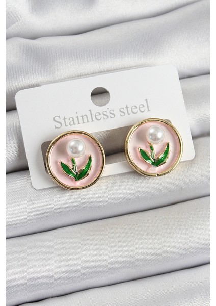 Pirinç Pembe Mineli Lale Figürlü Sanatsal Portre Model Gold Renk Kadın Küpe - TJ-BKP10674