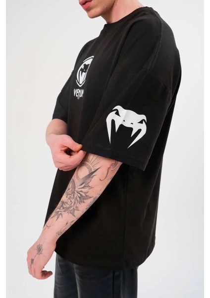 Unisex Bisiklet Yaka Baskılı Oversize T-Shirt - Siyah modelleri