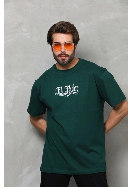 Unisex Bisiklet Yaka Baskılı Oversize T-Shirt - Yeşil fiyatları