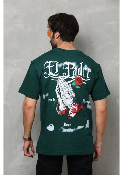 Unisex Bisiklet Yaka Baskılı Oversize T-Shirt - Yeşil modelleri