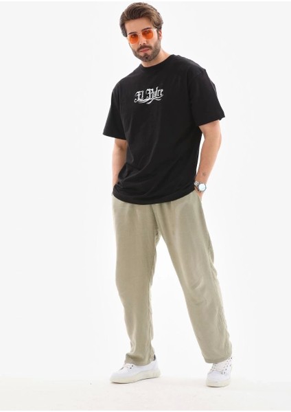 Unisex Bisiklet Yaka Baskılı Oversize T-Shirt - Siyah modelleri