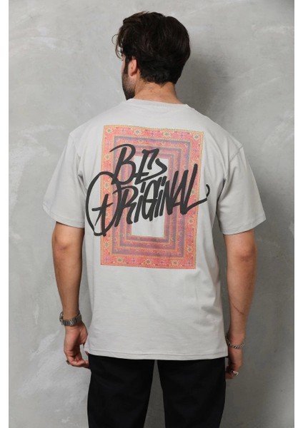 Unisex Bisiklet Yaka Baskılı Oversize T-Shirt - Gri fiyatları