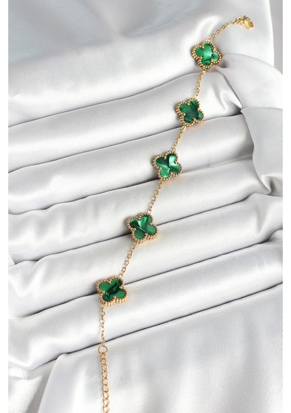 316L Çelik Sedefli Zümrüt Yeşil Gold Renk Yonca Kadın Bileklik - TJ-BB6968 fiyatları