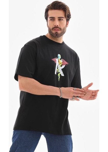 Unisex Bisiklet Yaka Baskılı Oversize T-Shirt - Siyah