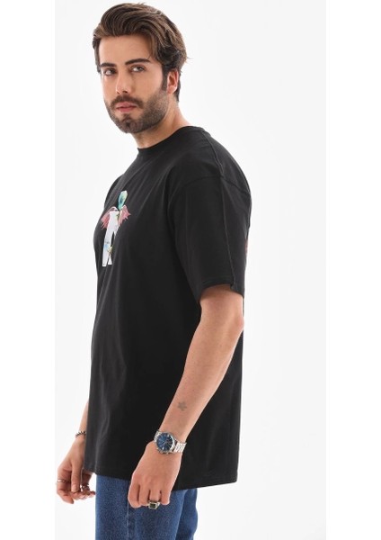 Unisex Bisiklet Yaka Baskılı Oversize T-Shirt - Siyah fiyatları