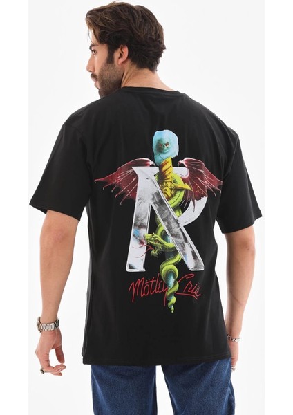 Unisex Bisiklet Yaka Baskılı Oversize T-Shirt - Siyah fırsatları