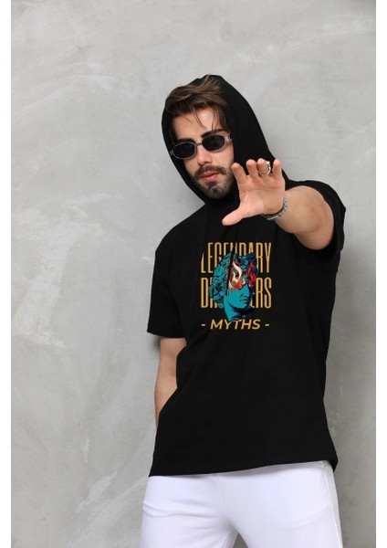 Unisex Kapşonlu Kolsuz Oversize Baskılı Tişört - Siyah