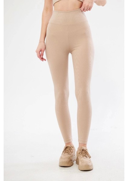 Kadın Yüksek Bel Fitilli Tayt - Bej