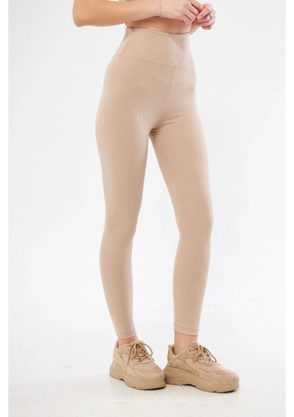 Kadın Yüksek Bel Fitilli Tayt - Bej modelleri