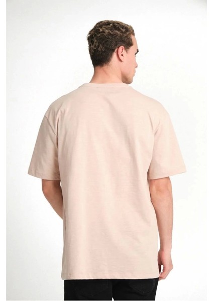 Unisex Düz Biskilet Yaka Oversize T-Shirt - Bej fiyatları