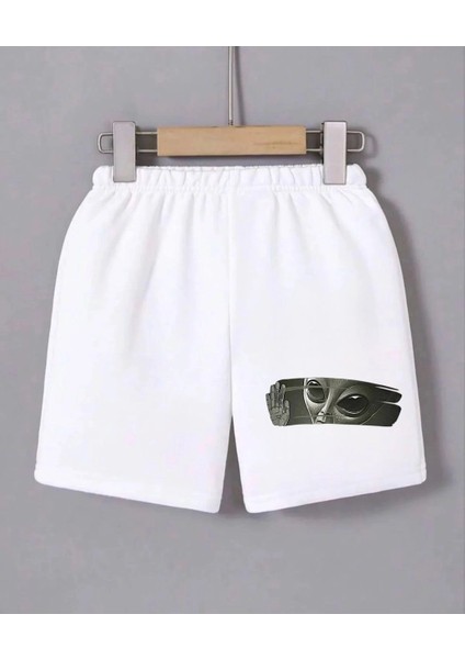 Kadın Beli Lastikli Baskılı Mini Şort - Beyaz