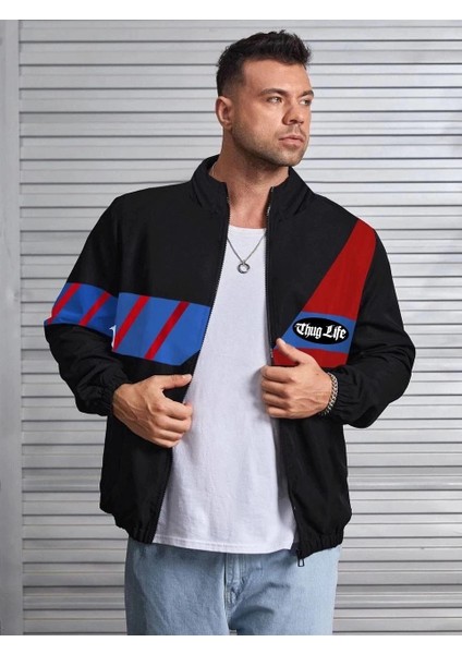 Unisex Uzun Koll Fermuarlı Baskılı Rüzgarlik - Siyah