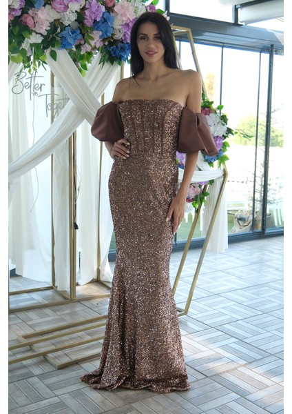 Bakır Pul Payetli Balon Kol Abiye 9705296.231 modelleri