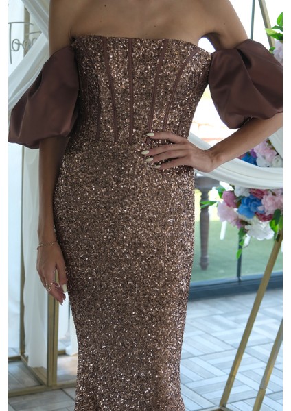 Bakır Pul Payetli Balon Kol Abiye 9705296.231