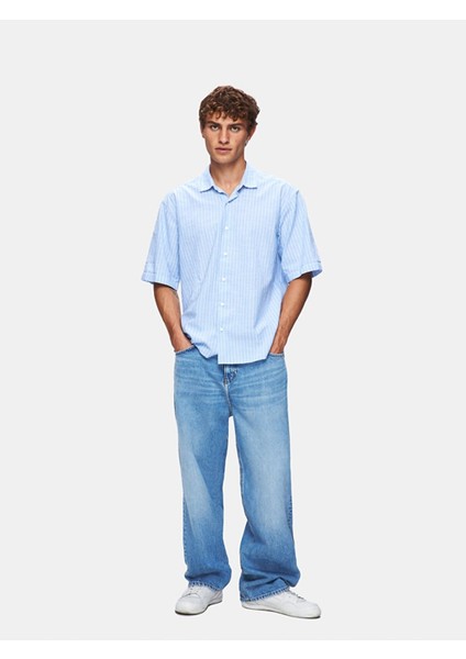 Keten Kısa Kollu Relaxed Çizgili Mavi Gömlek