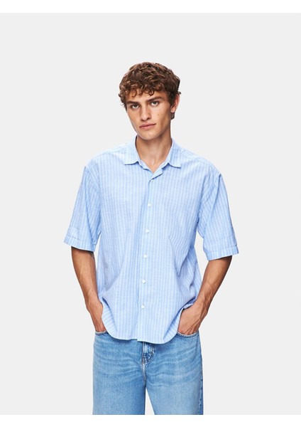 Keten Kısa Kollu Relaxed Çizgili Mavi Gömlek fiyatları