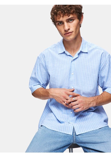 Keten Kısa Kollu Relaxed Çizgili Mavi Gömlek
