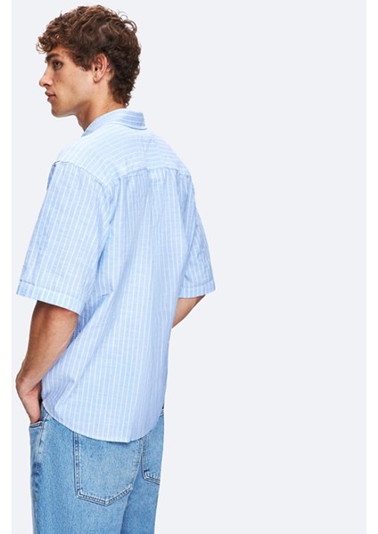 Keten Kısa Kollu Relaxed Çizgili Mavi Gömlek modelleri