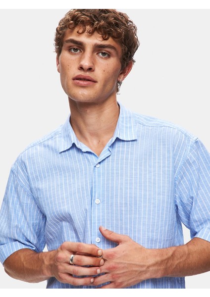 Keten Kısa Kollu Relaxed Çizgili Mavi Gömlek indirimleri