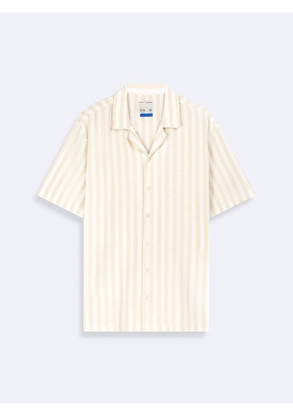 Relaxed Kısa Kollu Çizgili Basıc Dokuma Bej Gömlek