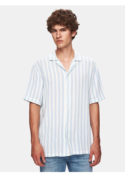 Relaxed Kısa Kollu Çizgili Basıc Dokuma Mavi Gömlek fiyatları