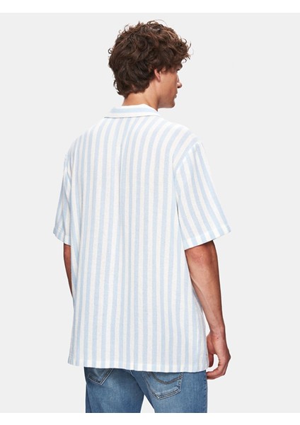 Relaxed Kısa Kollu Çizgili Basıc Dokuma Mavi Gömlek modelleri