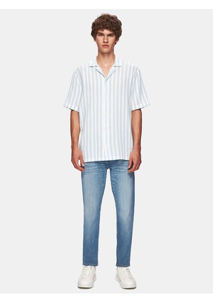 Relaxed Kısa Kollu Çizgili Basıc Dokuma Mavi Gömlek