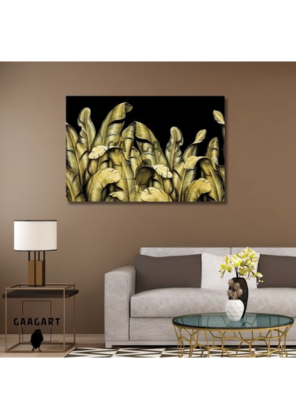 Tekli Yatay Kanvas Duvar Tablosu Gold Siyah Yapraklar
