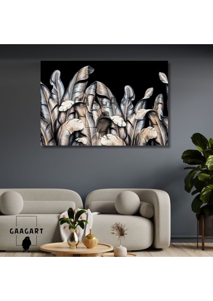 Tekli Yatay Kanvas Duvar Tablosu Gold Siyah Starliçe Yaprakları