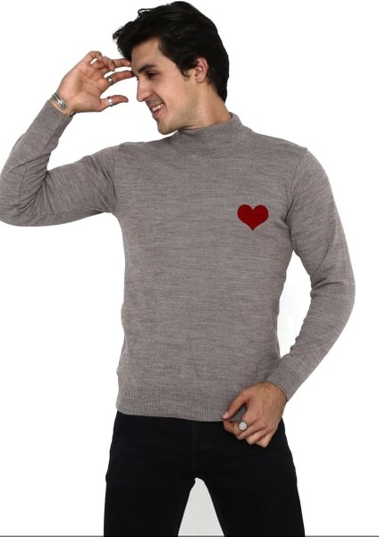 Unisex Yarım Boğazlı Baskılı Dokuma Triko - Vizon fiyatları