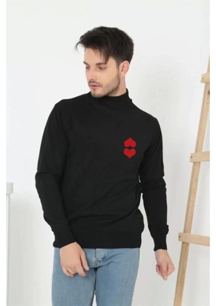 Unisex Yarım Boğazlı Baskılı Dokuma Triko - Siyah