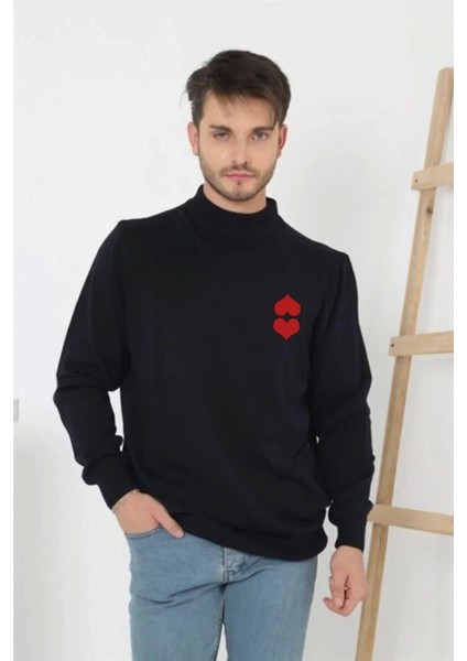 Unisex Yarım Boğazlı Baskılı Dokuma Triko - Lacivert