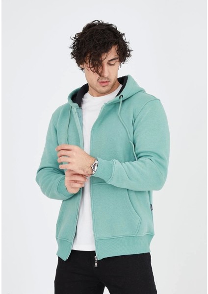 Unisex Tam Fermuarlı Kapşonlu Hırka - Mint Yeşili modelleri