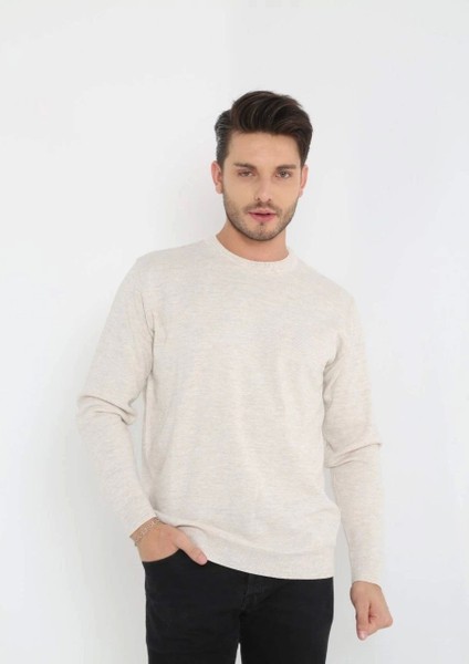 Unisex Uzun Kol Biskilet Yaka Dokuma Triko - Bej