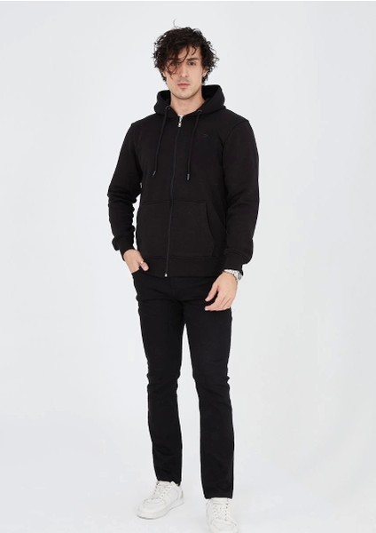 Unisex Tam Fermuarlı Kapşonlu Sweatshirt - Siyah modelleri