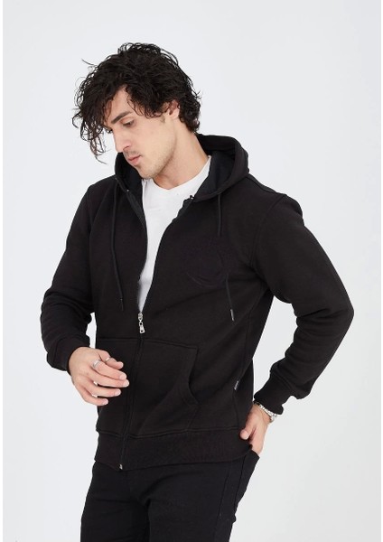 Unisex Tam Fermuarlı Kapşonlu Sweatshirt - Siyah indirimleri