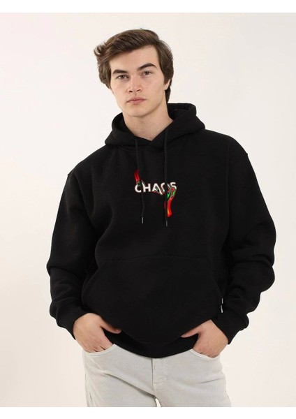 Unisex Baskılı Oversize Üç Iplik Kapüşonlu Sweatshirt - Siyah