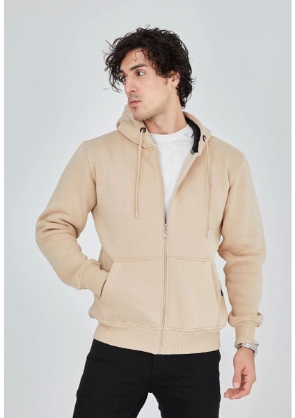 Unisex Tam Fermuarlı Kapşonlu Sweatshirt - Bej indirimleri