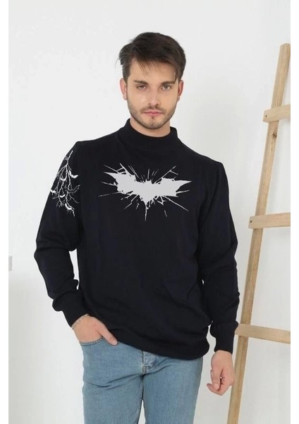 Unisex Yarım Boğazlı Baskılı Dokuma Triko - Siyah