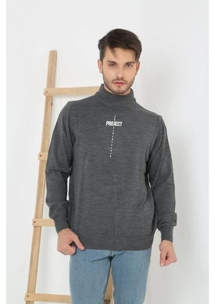 Baskılı Yarım Boğazlı Uzun Kol Dokuma Triko - Füme