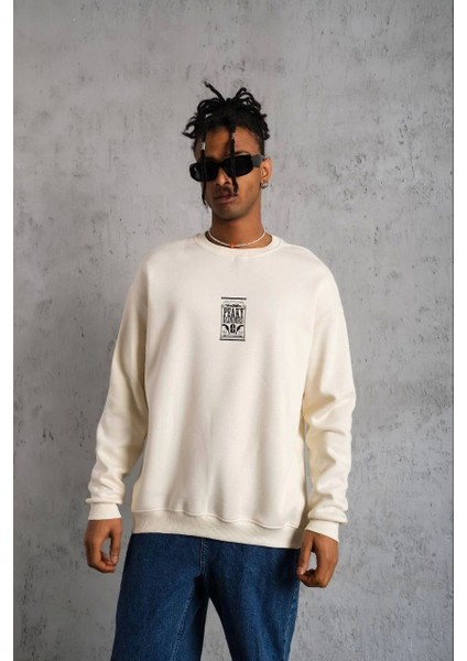Unisex Bisiklet Yaka Baskılı Oversize Sweatshirt - Beyaz fiyatları