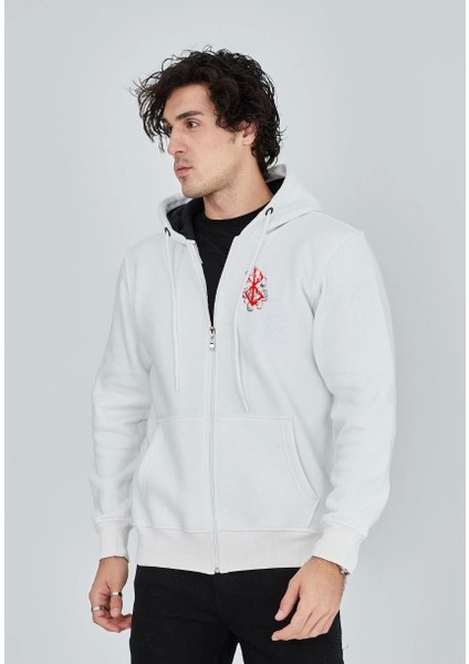 Unisex Baskılı Tam Fermuarlı Kapşonlu Sweatshirt - Beyaz fiyatları