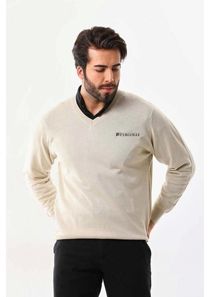 Baskılı V Yaka Uzun Kol Dokuma Triko - Bej