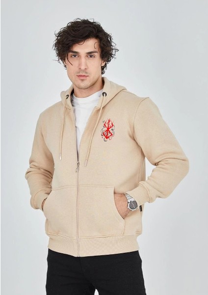 Unisex Baskılı Tam Fermuarlı Kapşonlu Sweatshirt - Bej