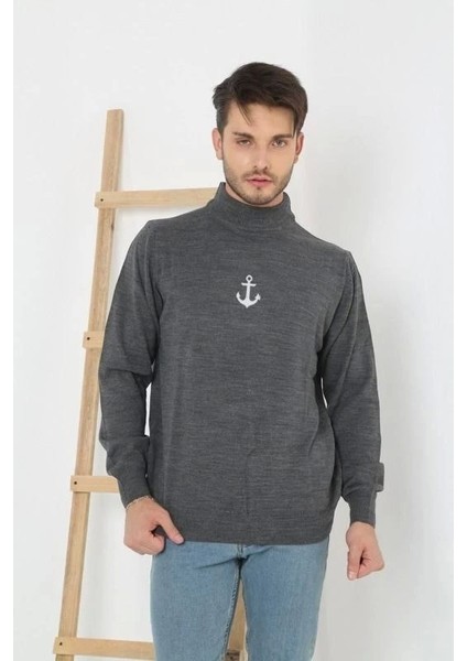 Unisex Yarım Boğazlı Baskılı Dokuma Triko - Füme