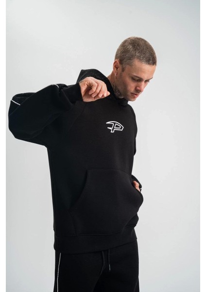 Uzun Kol Kapşonlu Ara Biyeli Sweatshirt - Siyah fırsatları