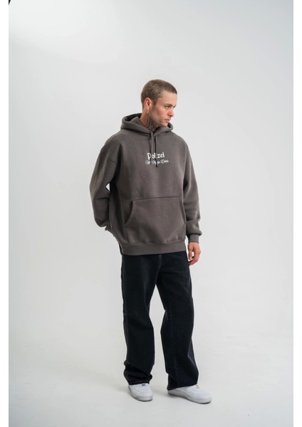 Üç Iplik Kapşonlu Dijital Patchli Sweatshirt - Füme